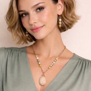 Crazy Lace Agate Howlite Oval 1 1/2" Cabochon Necklace Earrings 20" white tan